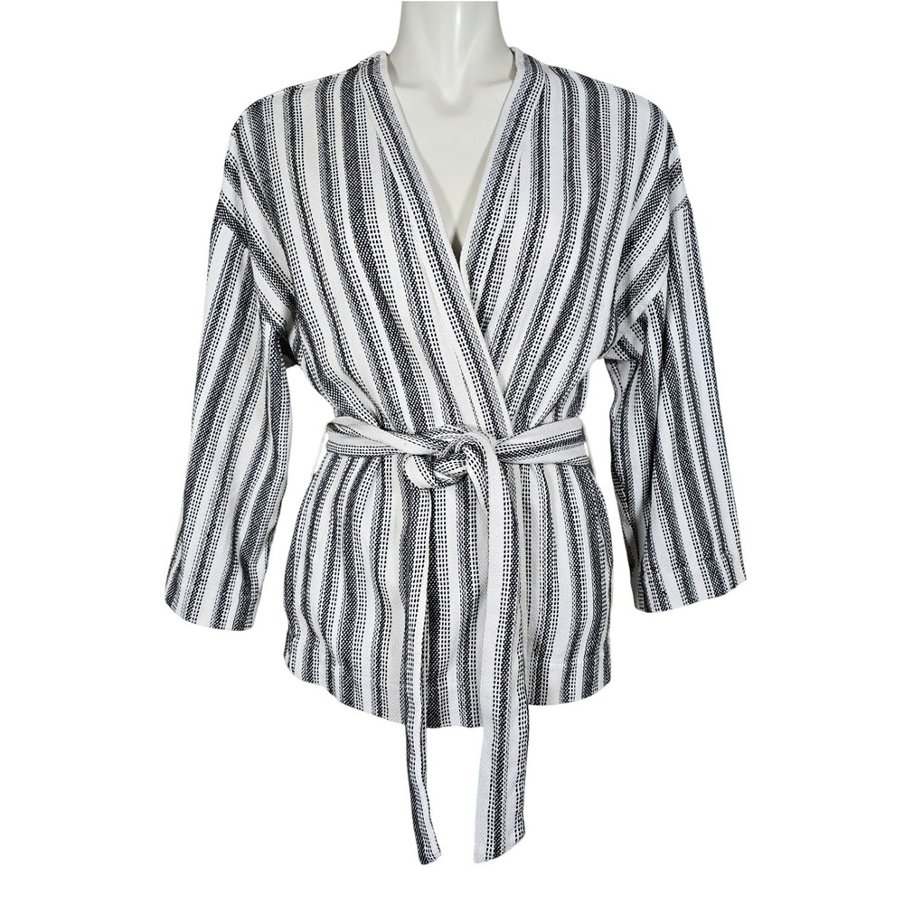 Designers Society Women's Black White Striped 100% Cotton Kimono Cardigan M